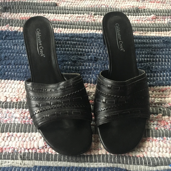 NWOT Coldwater Creek Black Leather Peep Toe Heels - Picture 2 of 5